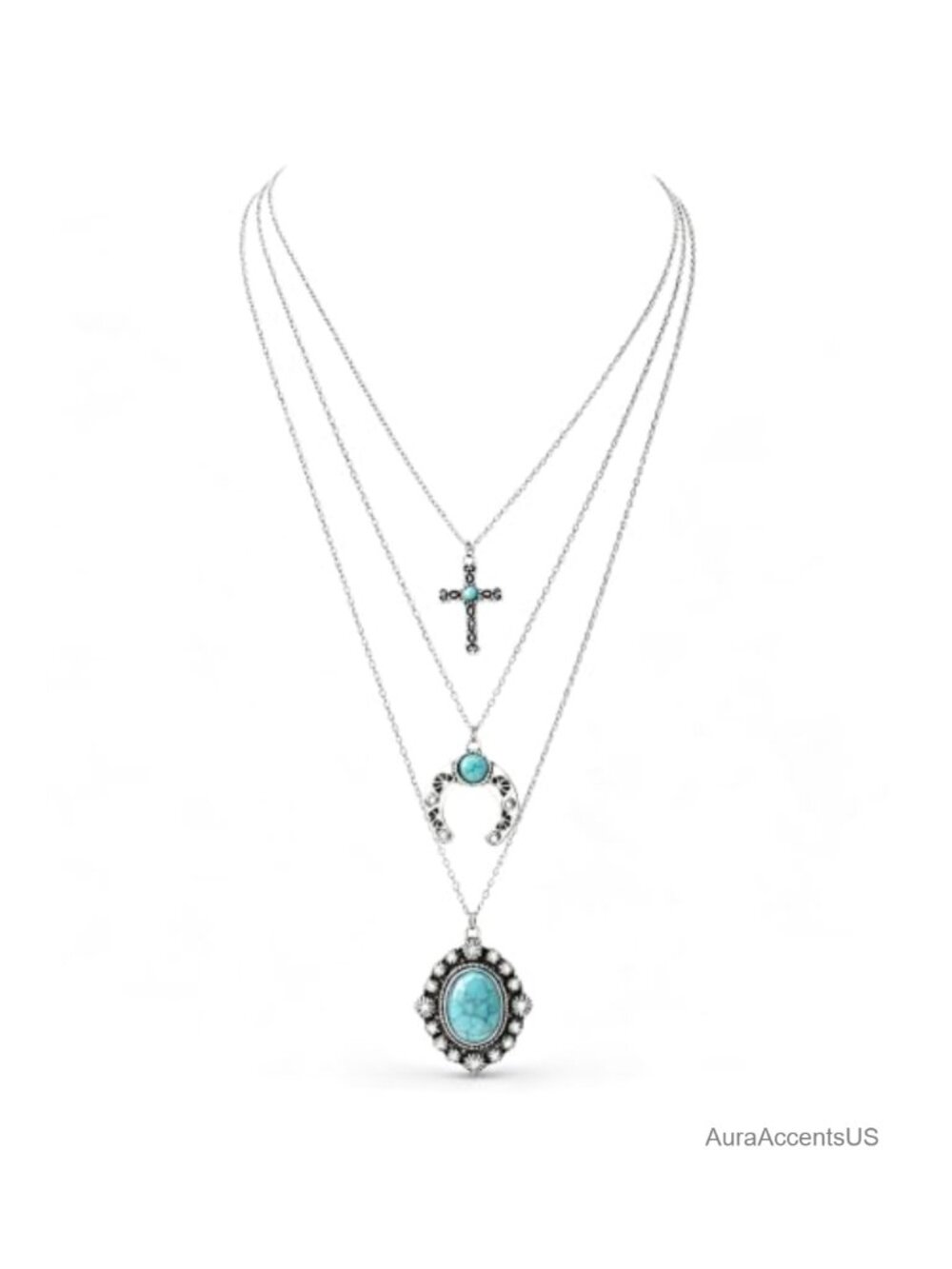 Western Layered Necklace Silver Plated Turquoise Cross Horseshoe 3-Tier